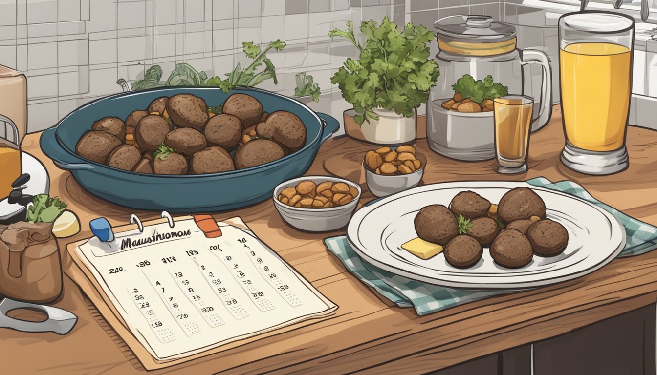 A plate of beef and cheese stuffed mushrooms sits on a kitchen counter, surrounded by various ingredients and a calendar indicating the current date