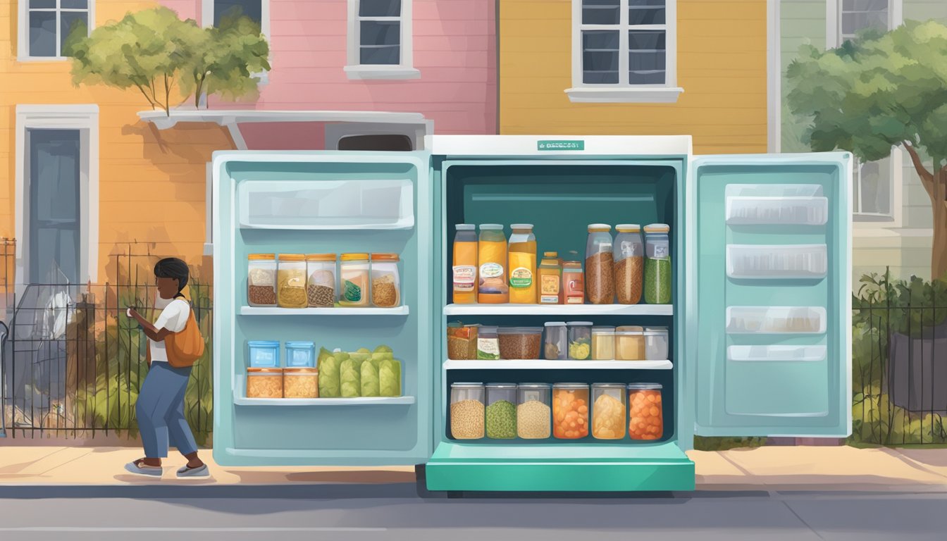 A community fridge with shelves of food items in a Savannah neighborhood, surrounded by local residents accessing and donating goods