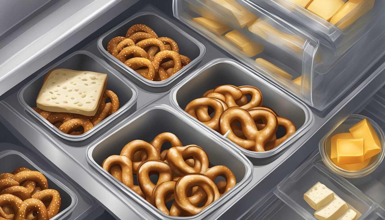 Beef and cheese stuffed pretzels stored in a sealed container in a refrigerator