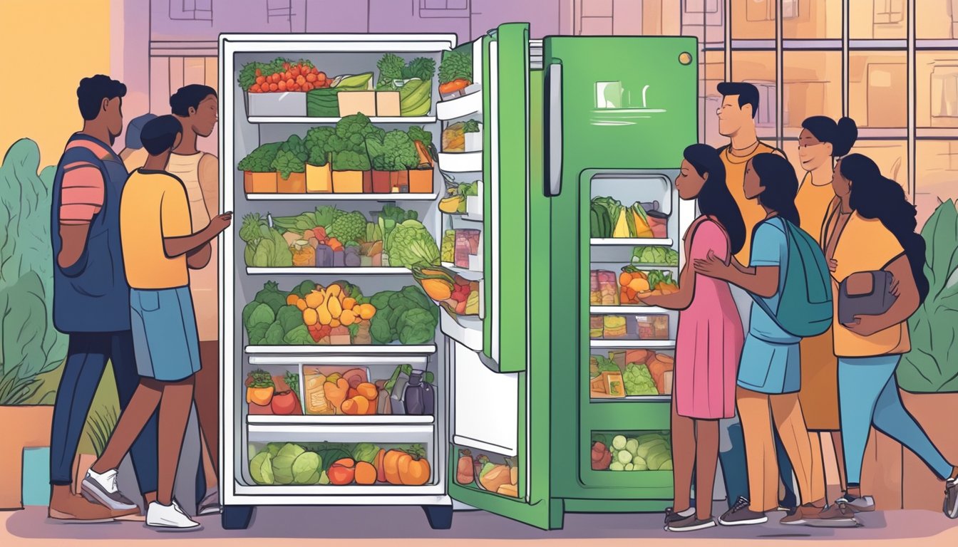 A colorful community fridge filled with fresh produce and packaged goods, surrounded by a diverse group of people accessing and contributing to it