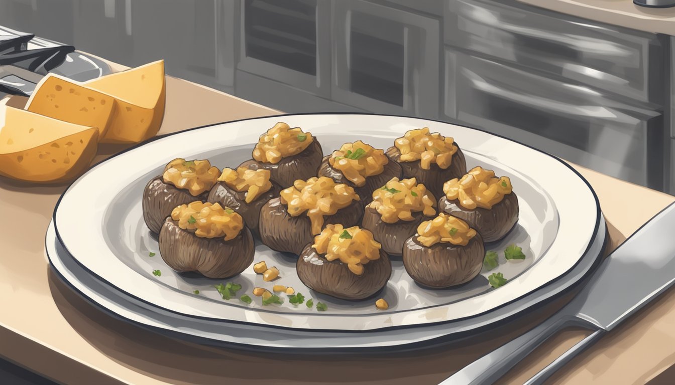 A plate of beef and cheese stuffed mushrooms sits on a kitchen counter, covered with a clear plastic wrap to safeguard against spoilage