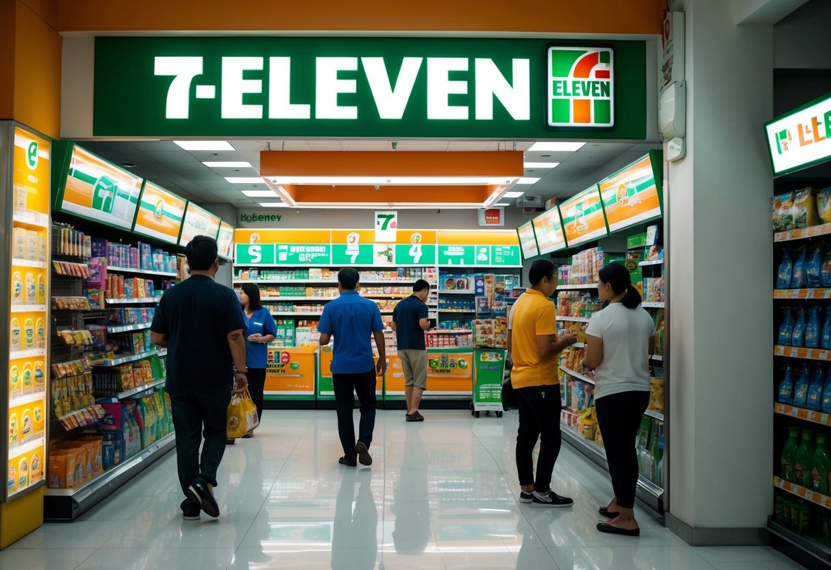 A bustling 7-Eleven store in Singapore, with bright promotional displays and customers browsing the aisles
