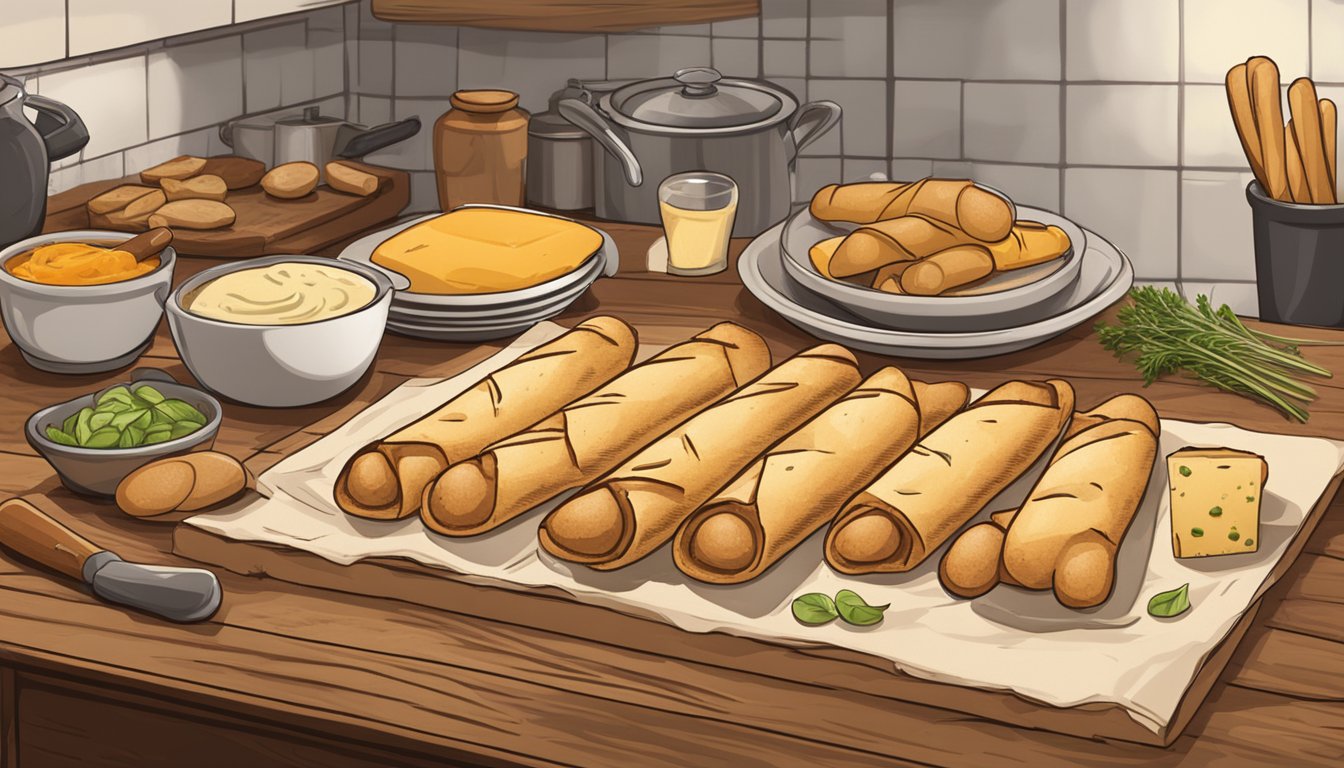 Beef and cheese stuffed breadsticks in a rustic kitchen setting, with ingredients and cooking utensils scattered on a wooden countertop