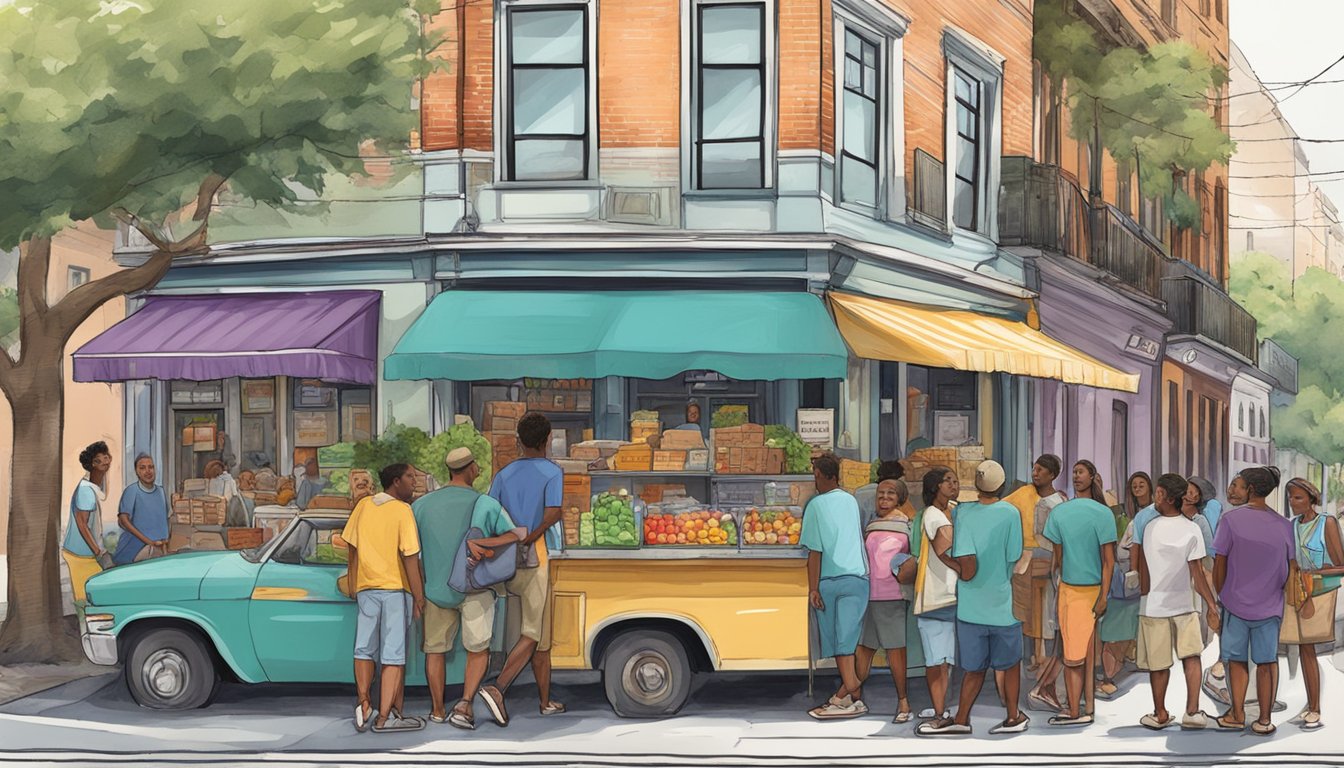 A bustling street with a colorful community fridge surrounded by eager locals and volunteers, exchanging food and goods in Savannah, GA