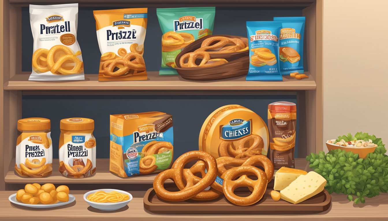 A beef and cheese stuffed pretzel sits on a shelf, surrounded by a variety of other snacks. The packaging indicates the shelf life and freshness of the product