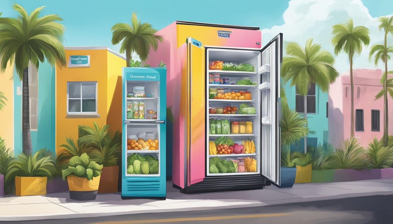 A colorful community fridge stands against a sunny backdrop, surrounded by diverse buildings and greenery in West Palm Beach, FL