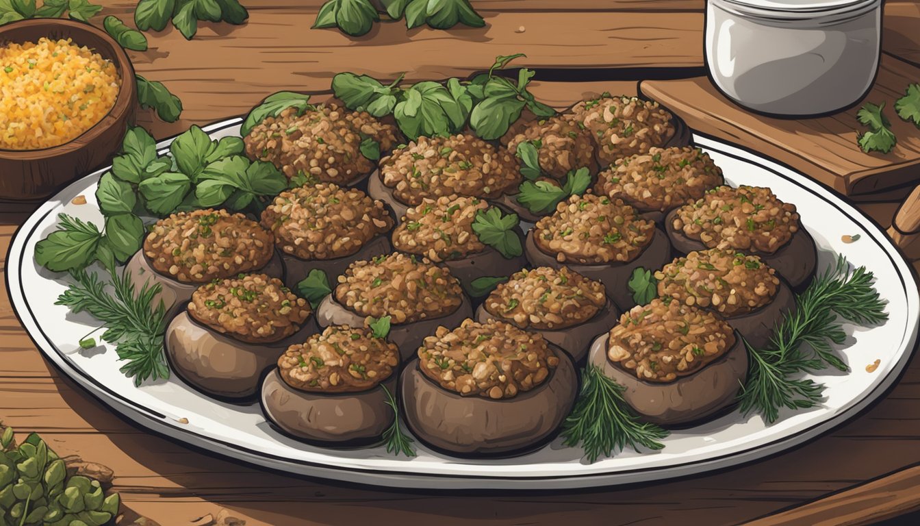 A plate of beef and cheese stuffed mushrooms sits on a wooden table, surrounded by fresh herbs and spices. The mushrooms appear plump and juicy, ready to be enjoyed