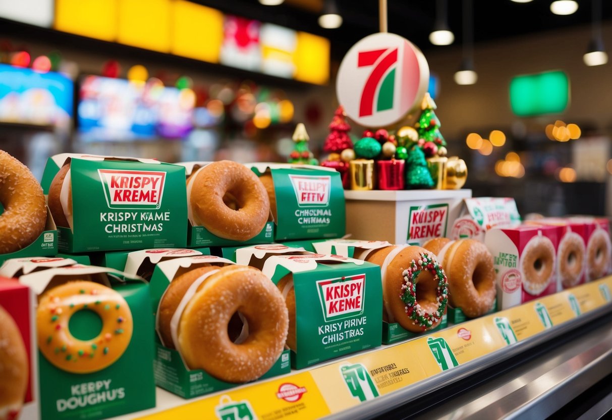 A festive display of Krispy Kreme Christmas doughnuts at 7-Eleven, with colorful decorations and holiday-themed packaging
