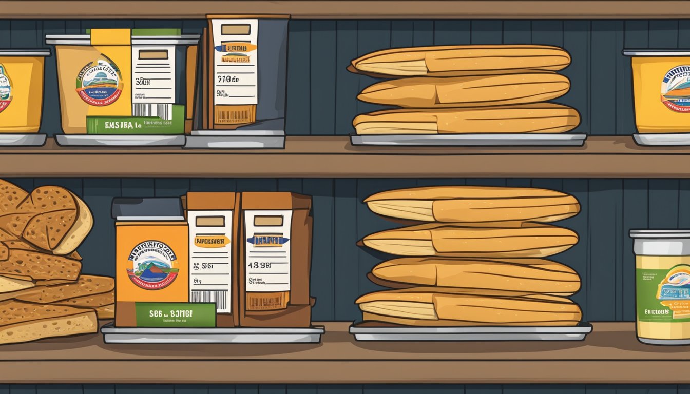 A pantry shelf with a package of beef and cheese stuffed breadsticks, alongside a labeled expiration date