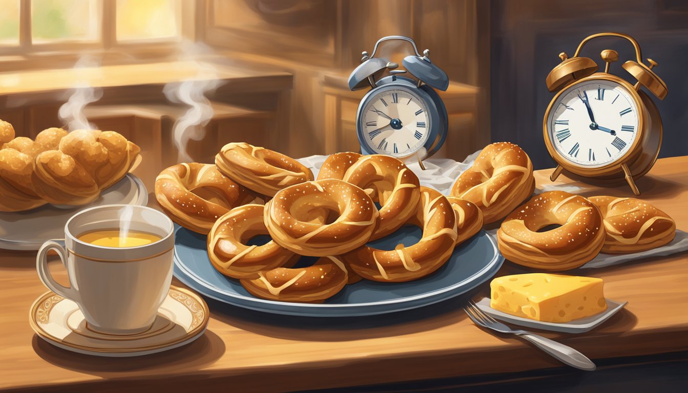 A plate of beef and cheese stuffed pretzels sits on a table, with steam rising from the warm, golden-brown pastries. A clock on the wall shows the current time