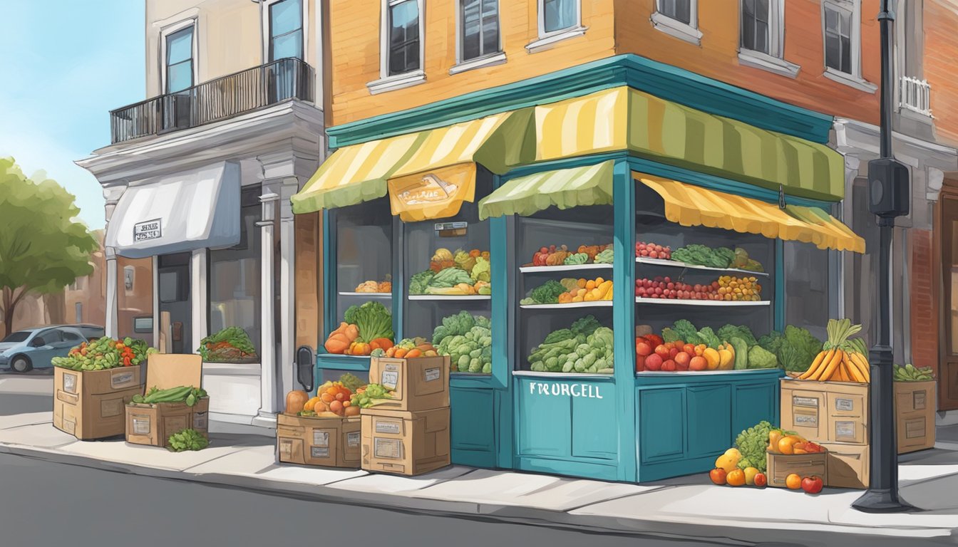 A colorful community fridge stands on a bustling street corner in Savannah, Georgia, filled with fresh produce and food donations