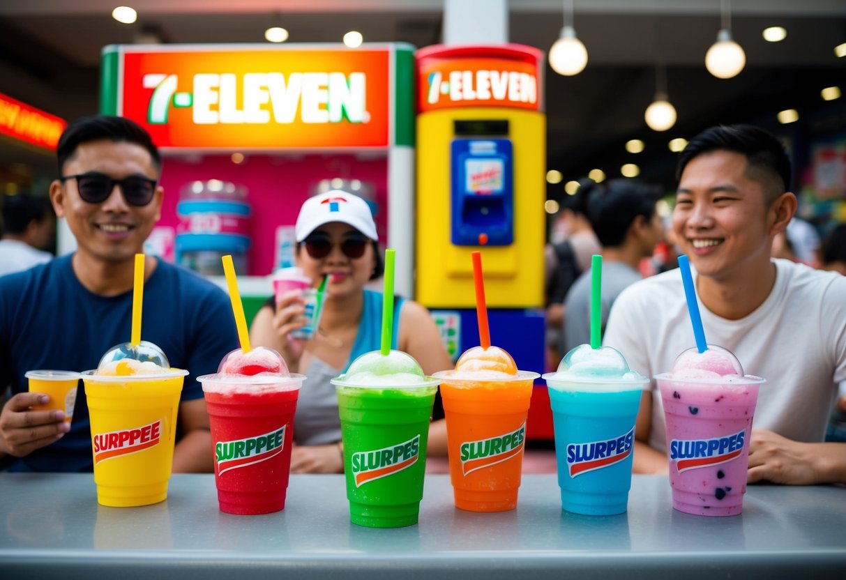 Customers enjoying free Slurpees at 7-Eleven, Singapore. Colorful cups, straws, and Slurpee machines in the background