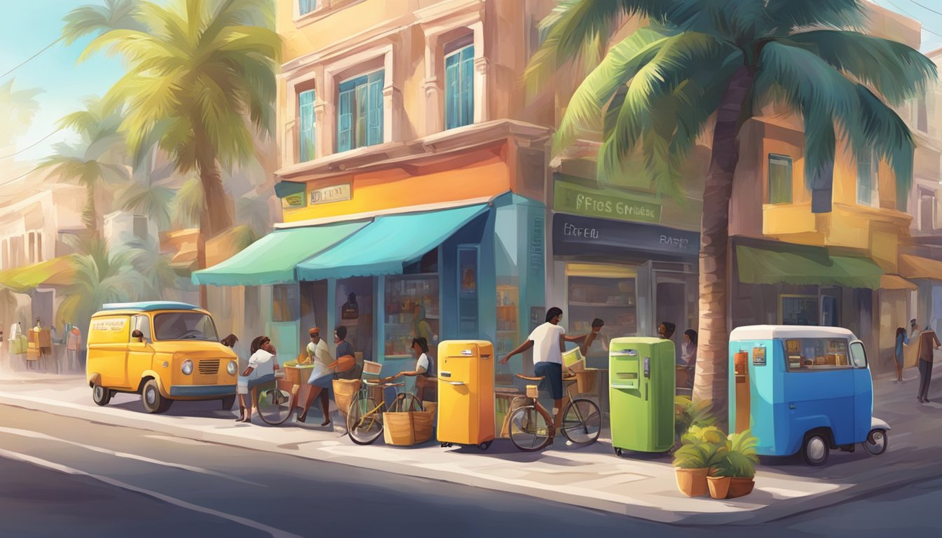 A sunny street corner with colorful community fridges surrounded by palm trees and local residents accessing the food inside