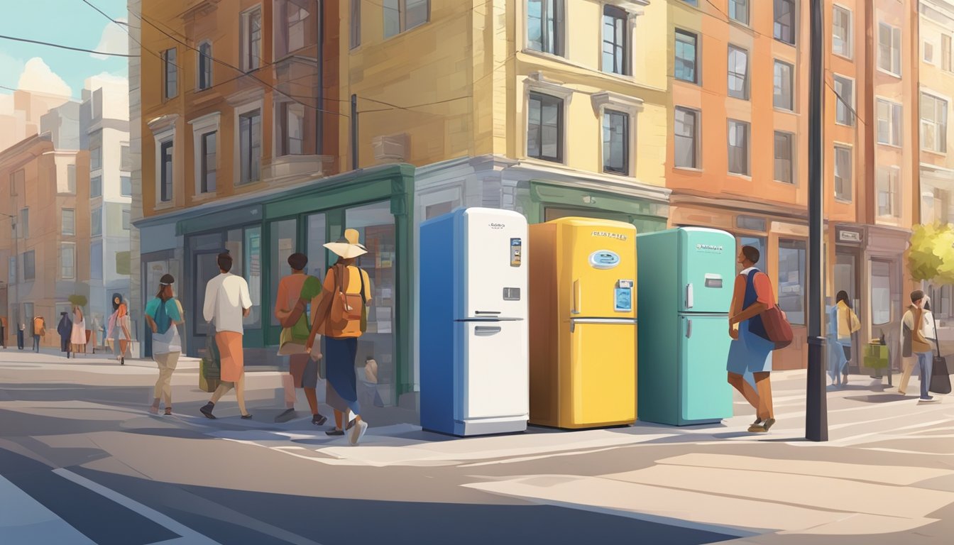 A colorful community fridge stands on a sunny sidewalk, surrounded by diverse buildings and people passing by