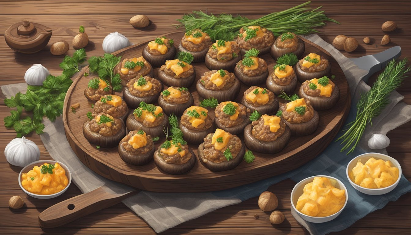 A platter of beef and cheese stuffed mushrooms, surrounded by fresh herbs and spices, sitting on a rustic wooden table