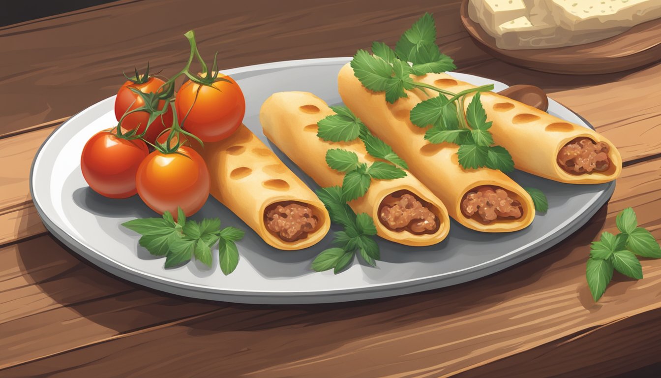 A plate of beef and cheese stuffed breadsticks, surrounded by fresh herbs and cherry tomatoes, sits on a rustic wooden table