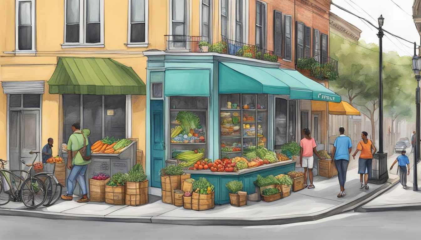 A bustling street corner in Savannah, Georgia, with a colorful community fridge adorned with local artwork and filled with fresh produce and food items