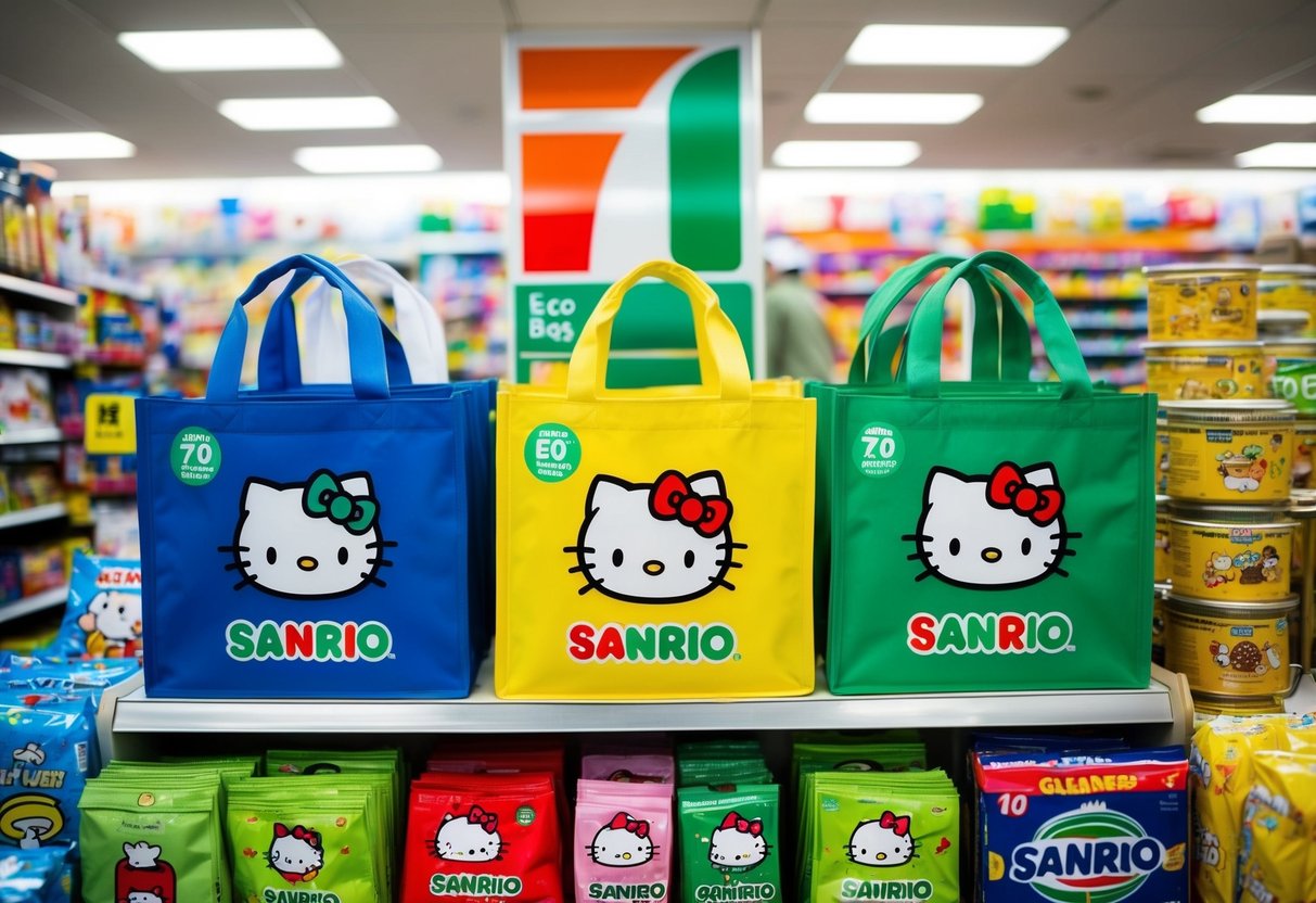 A colorful display of Sanrio Eco Bags at a 7-Eleven store, surrounded by various products