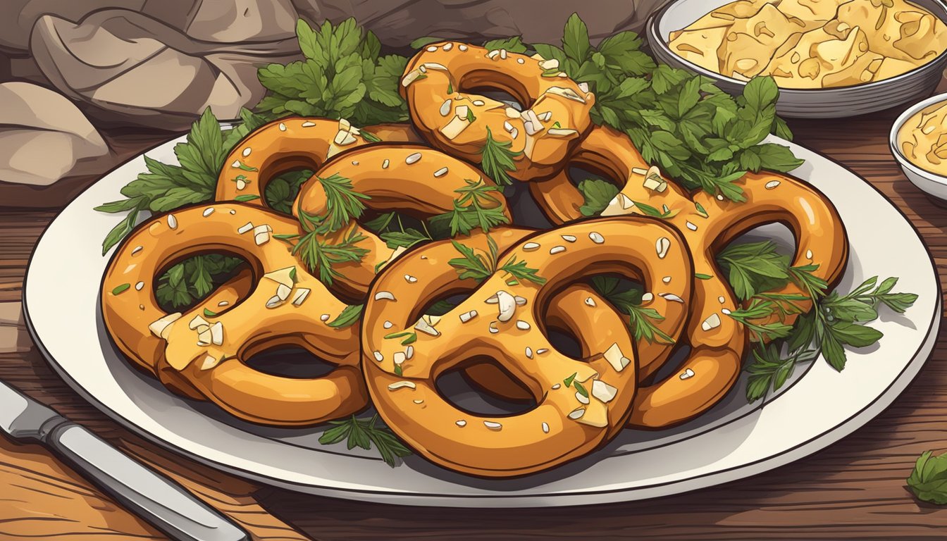 A plate of beef and cheese stuffed pretzels surrounded by fresh herbs and spices, with a warm, inviting glow