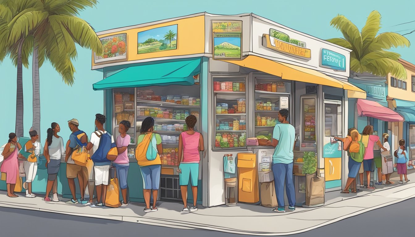 A bustling street corner in Hollywood, FL, with a colorful and inviting community fridge surrounded by people donating and taking food