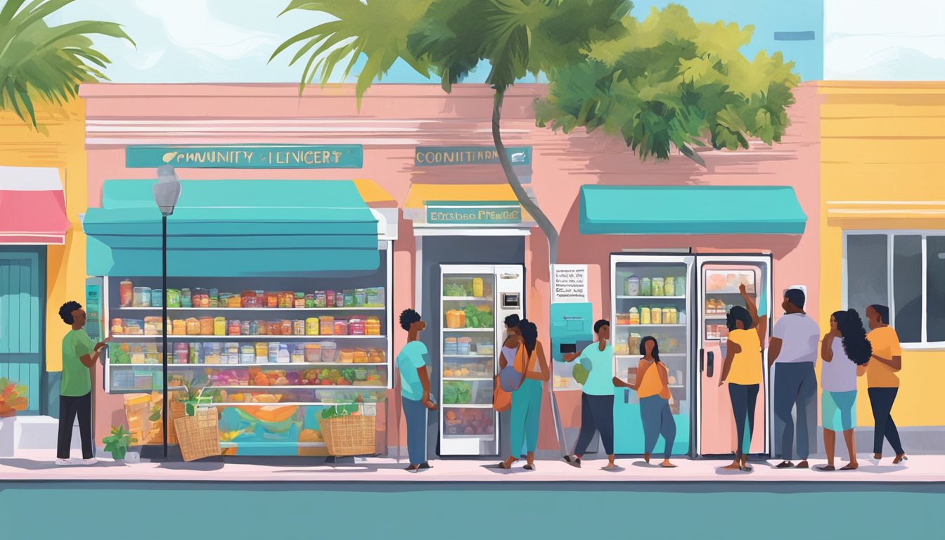 A colorful community fridge surrounded by people donating and taking food items in a bustling West Palm Beach neighborhood