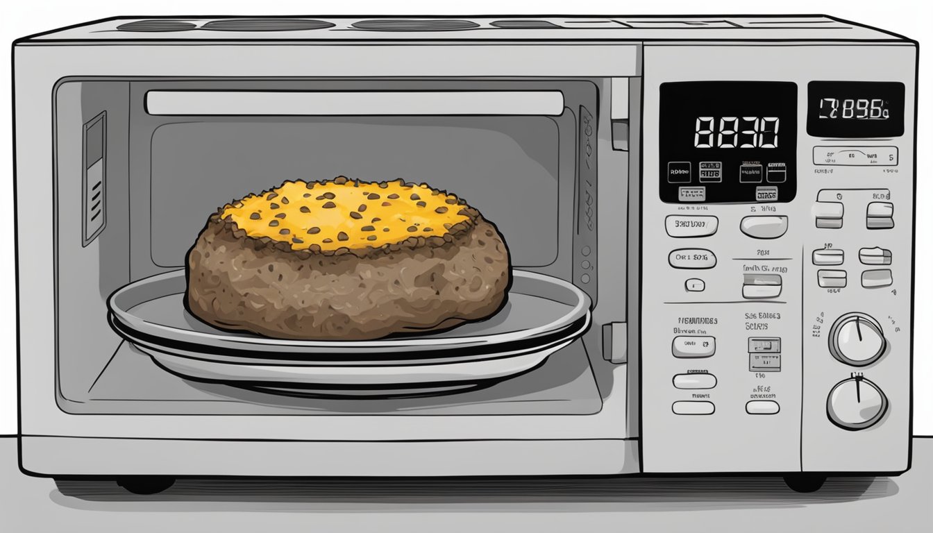 A plate of beef and cheese stuffed mushrooms sits in a microwave. The timer shows 30 seconds remaining