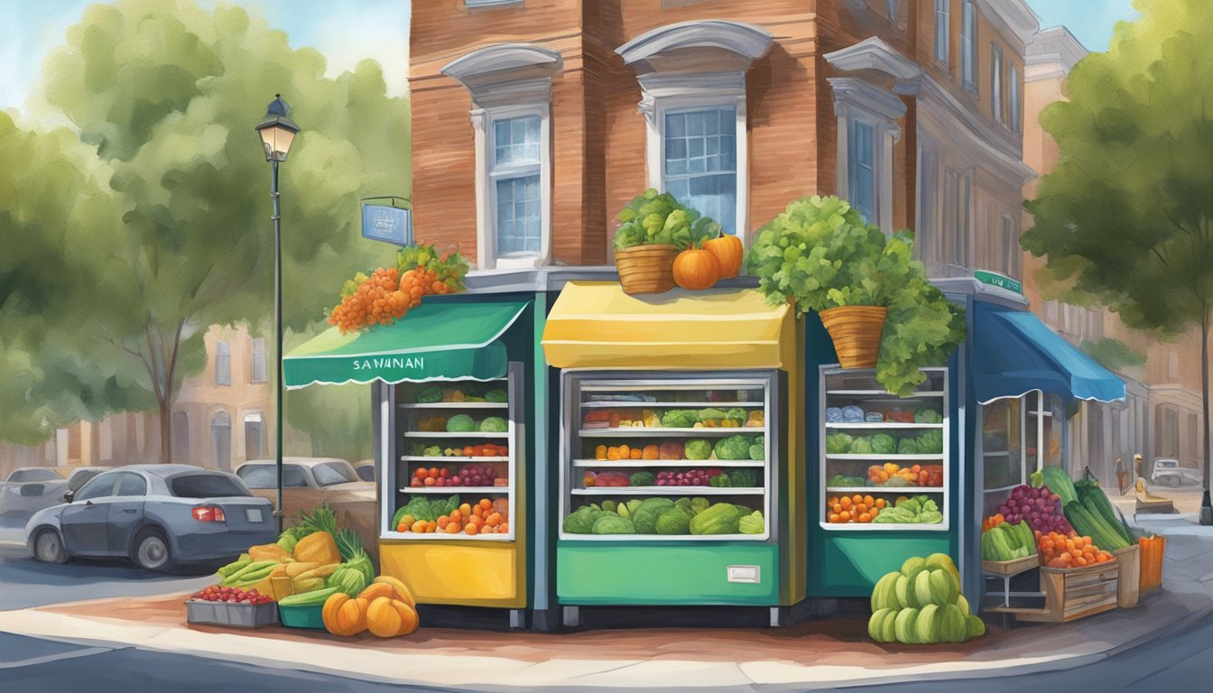 A bustling street corner in Savannah, GA, with a colorful, inviting community fridge adorned with fresh produce and shelves stocked with food donations