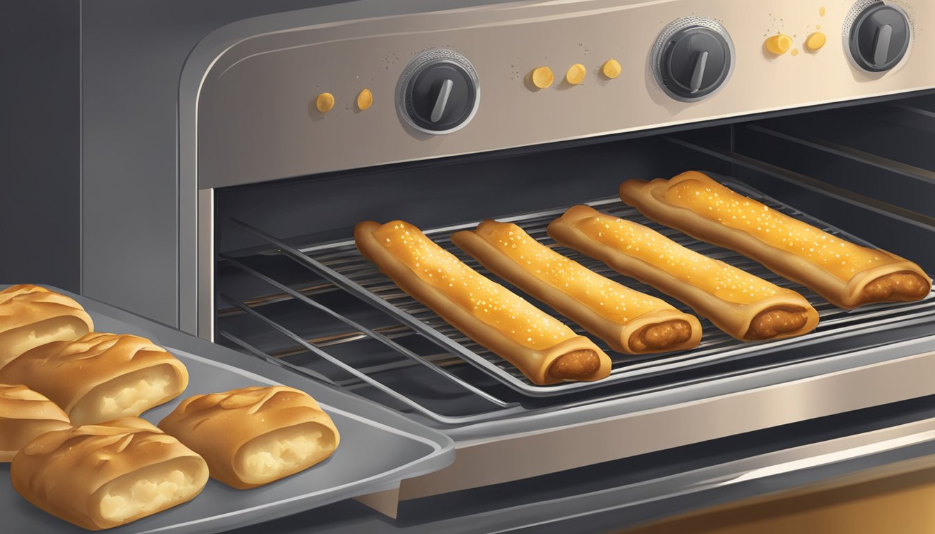 A plate of beef and cheese stuffed breadsticks being reheated in the oven, with steam rising and the breadsticks becoming golden and crispy