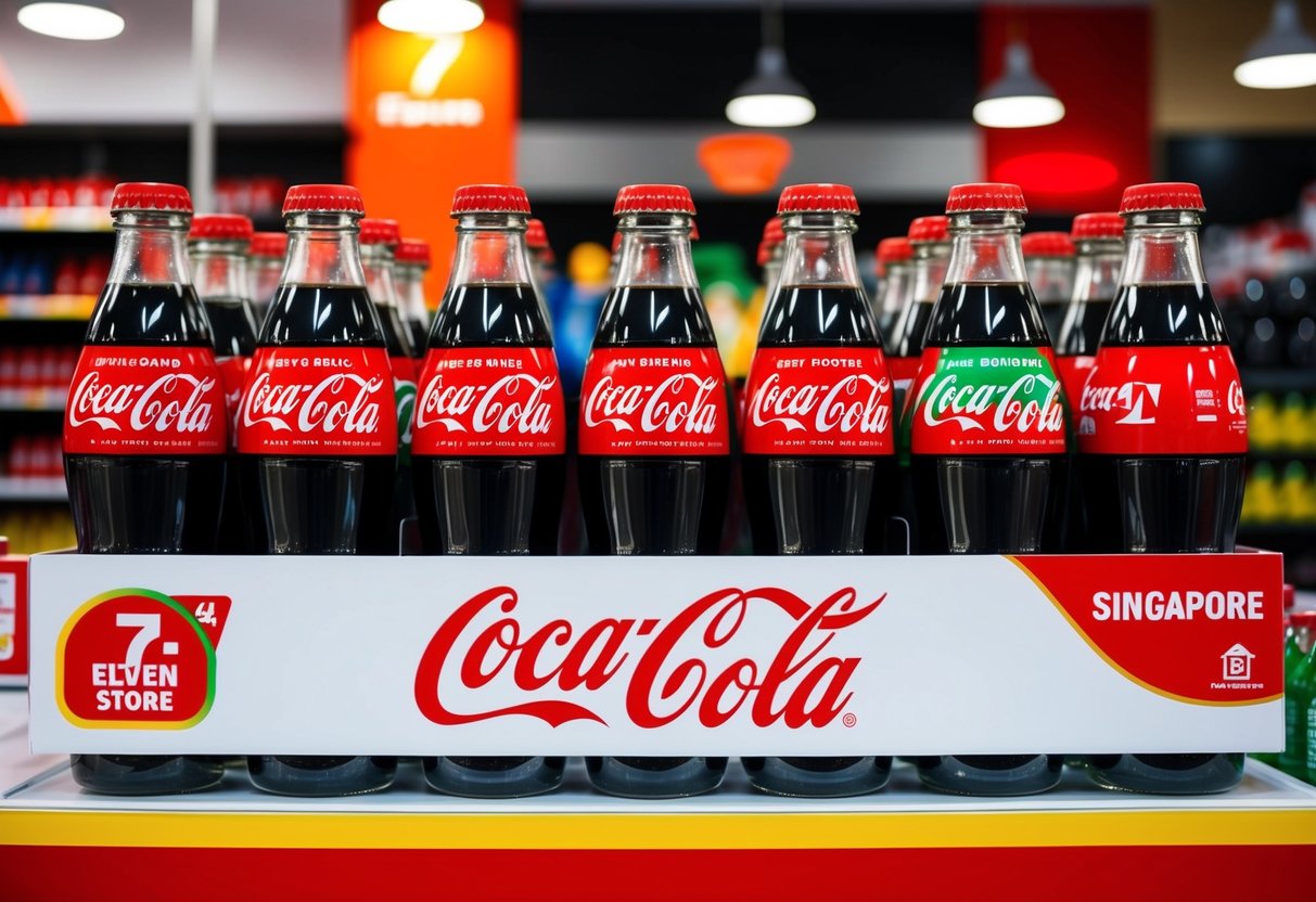 A colorful display of exclusive Coca-Cola bottles with playful designs at a 7-Eleven store in Singapore
