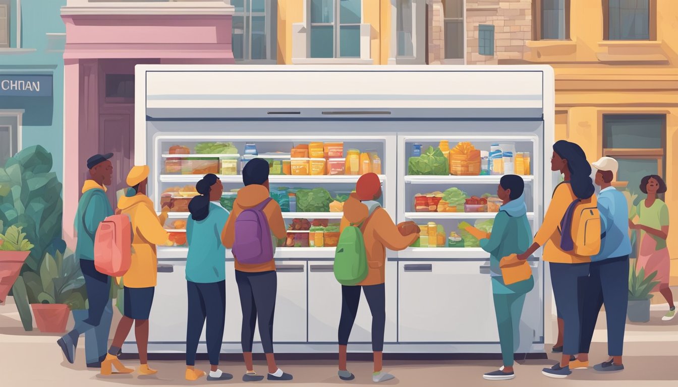 A colorful community fridge surrounded by people donating and taking food, with a diverse group of individuals working together to support and recover