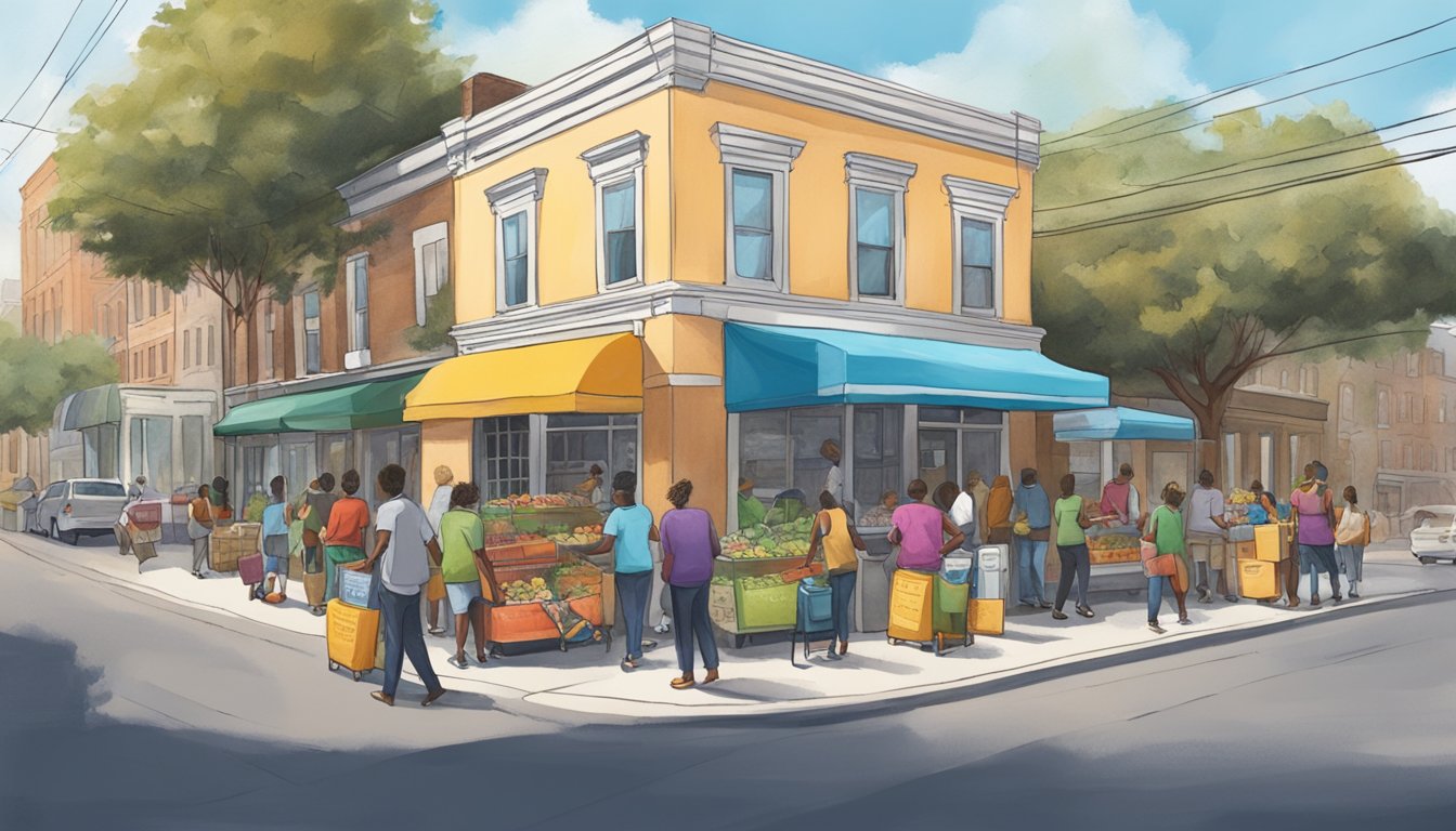 A bustling street corner in Savannah, GA, with a colorful community fridge surrounded by people dropping off and picking up food items