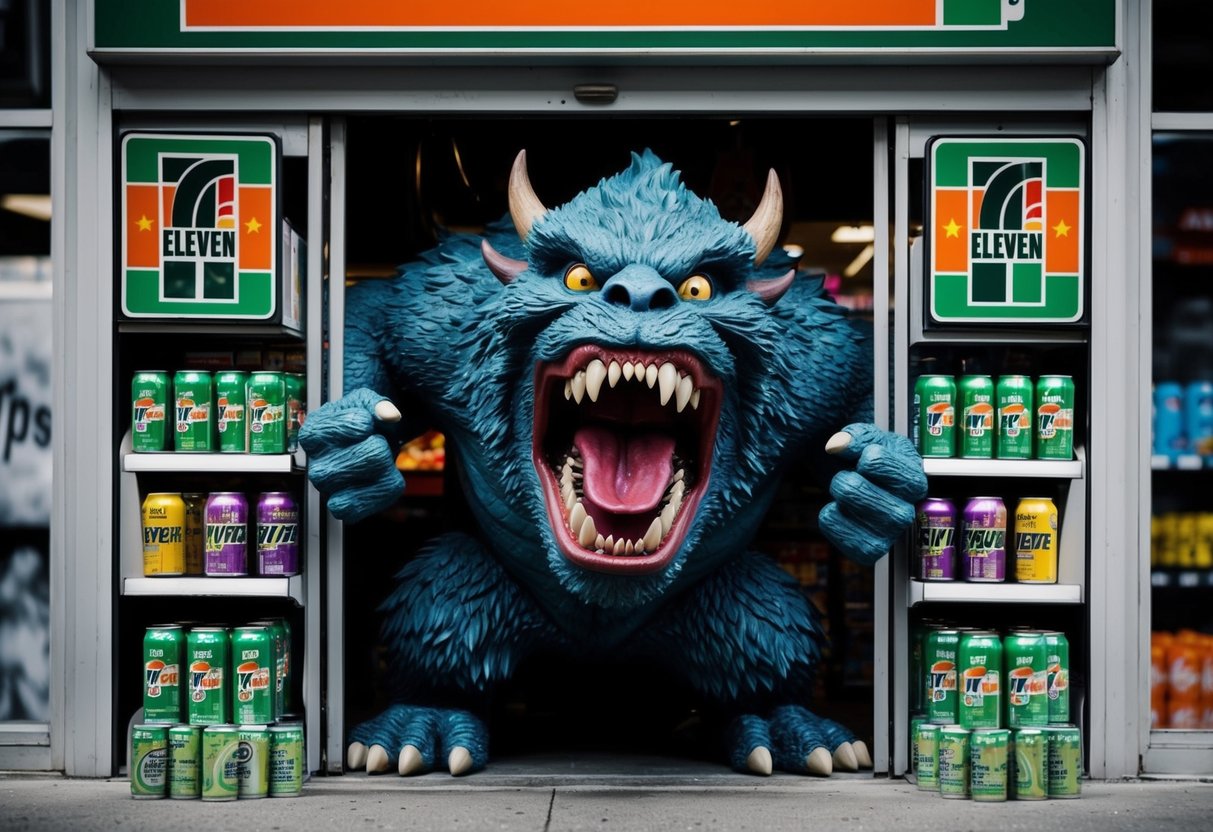 A roaring monster bursting out of a 7-Eleven store, surrounded by energy drink cans and promotional signs
