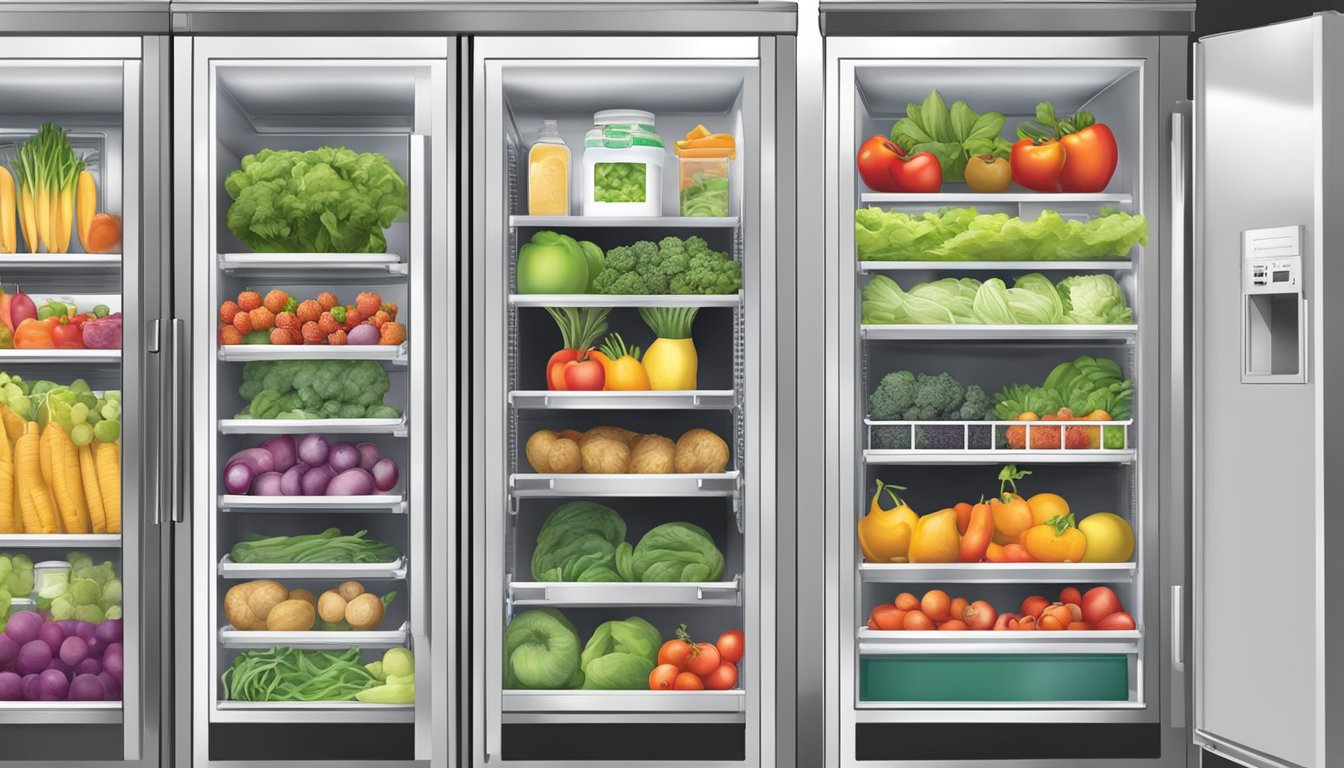 A colorful community fridge in Hollywood, FL, filled with fresh produce and labeled with health and safety standards