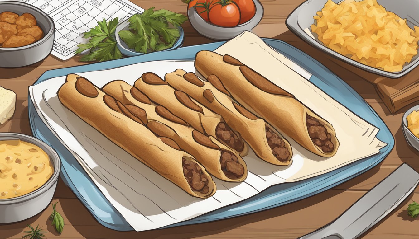 A plate of beef and cheese stuffed breadsticks surrounded by various ingredients and recipe cards, with a calendar in the background showing the current date