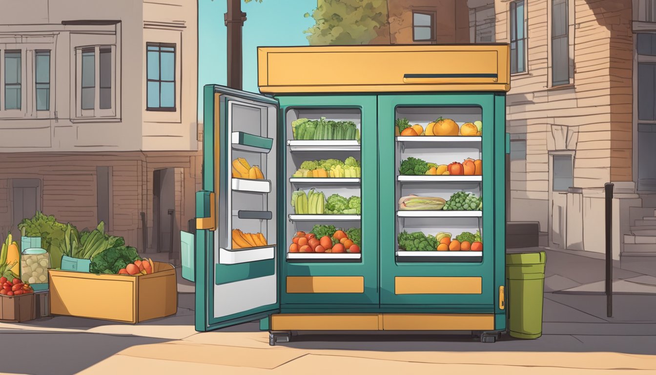 A community fridge stands open, filled with fresh produce and packaged goods. A sign nearby lists guidelines for accessing the free food