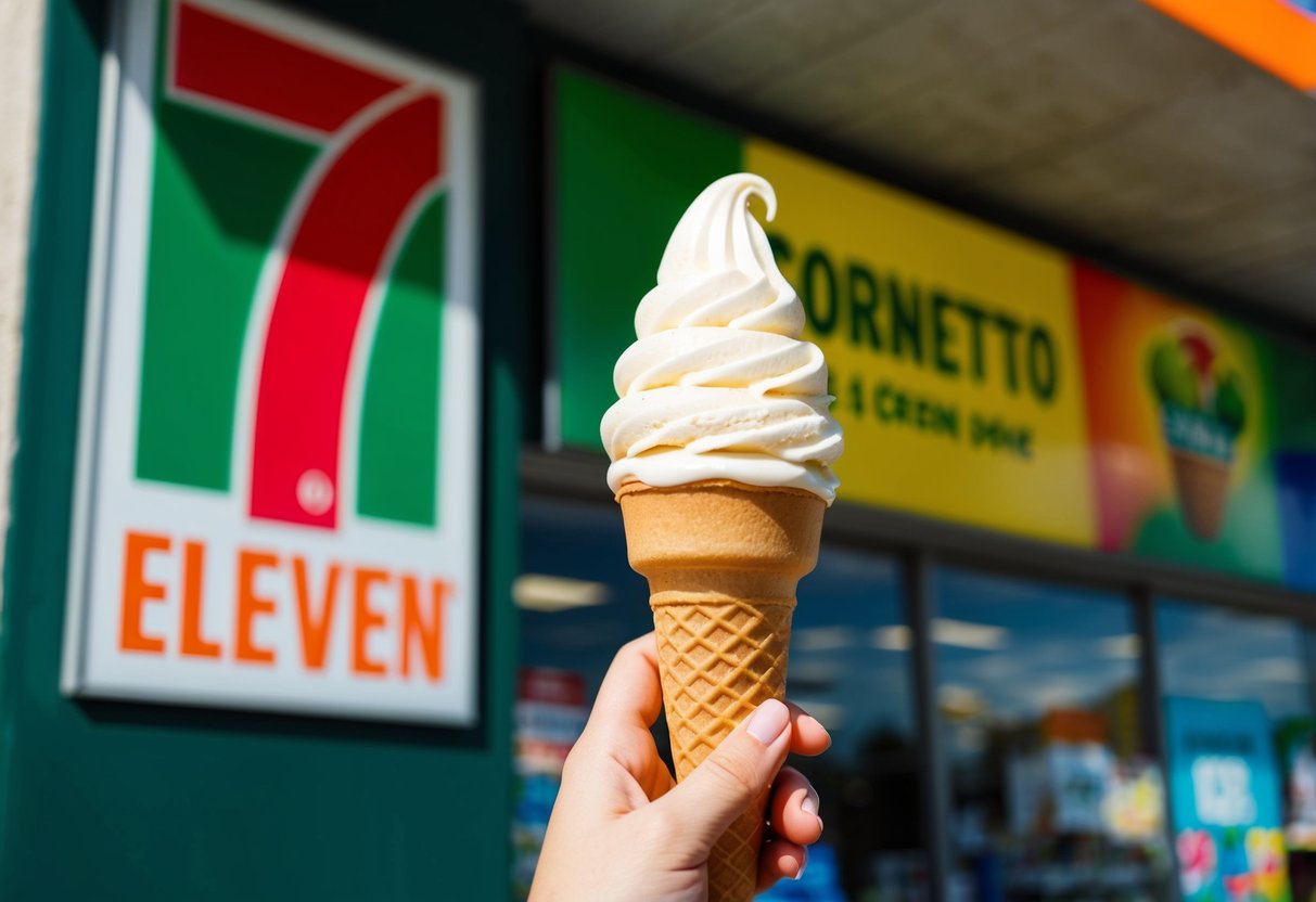 A sunny day at a 7-Eleven store, with a Cornetto ice cream cone in focus, surrounded by colorful promotional signage