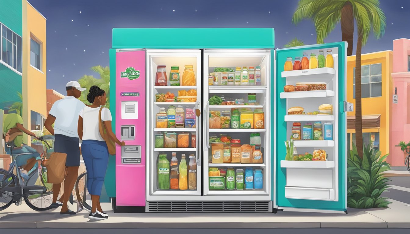 A vibrant community fridge surrounded by diverse local businesses and residents in Hollywood, FL