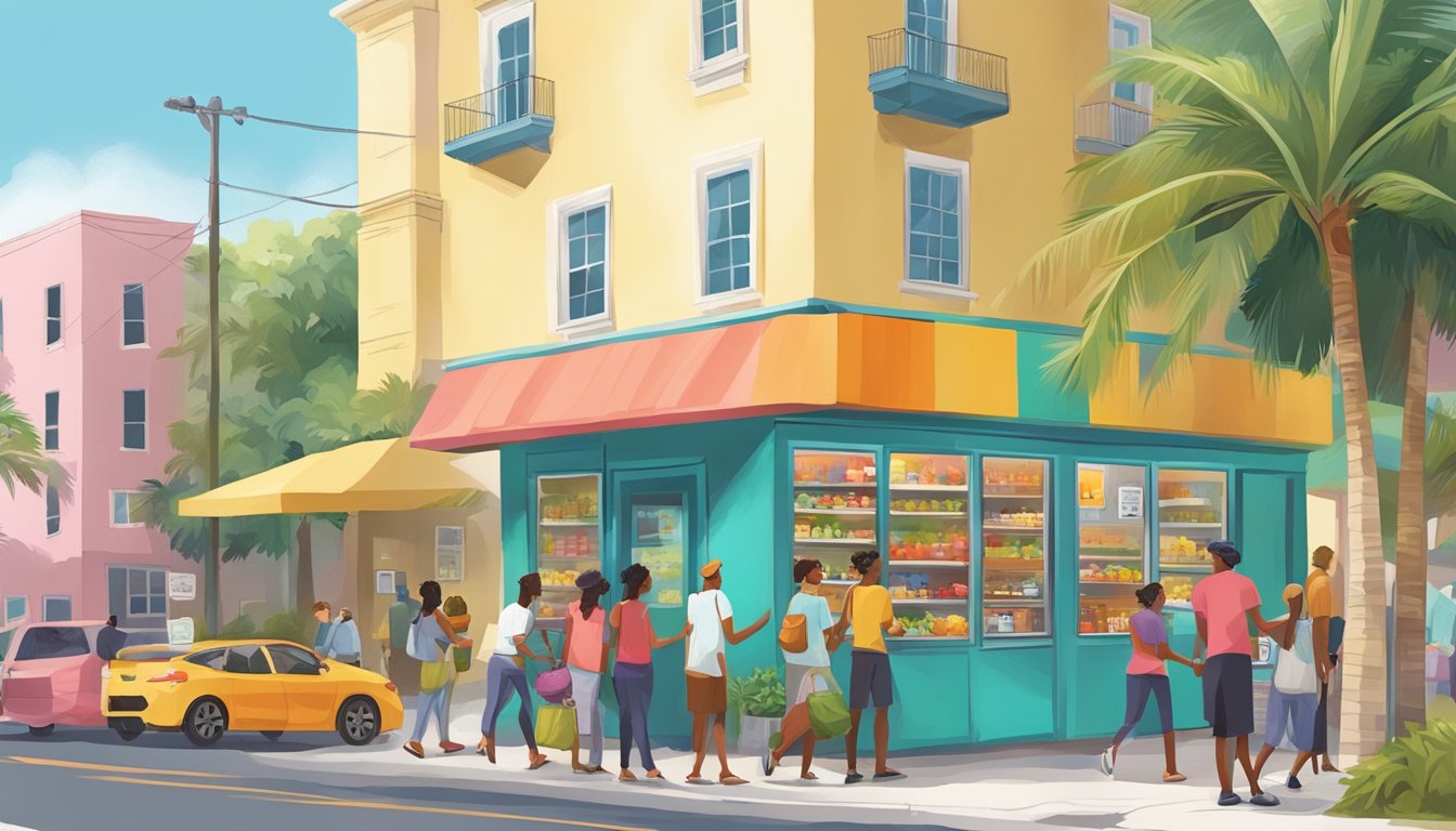 A bustling street corner in Hollywood, FL with a colorful community fridge surrounded by people dropping off and picking up sustainable food items