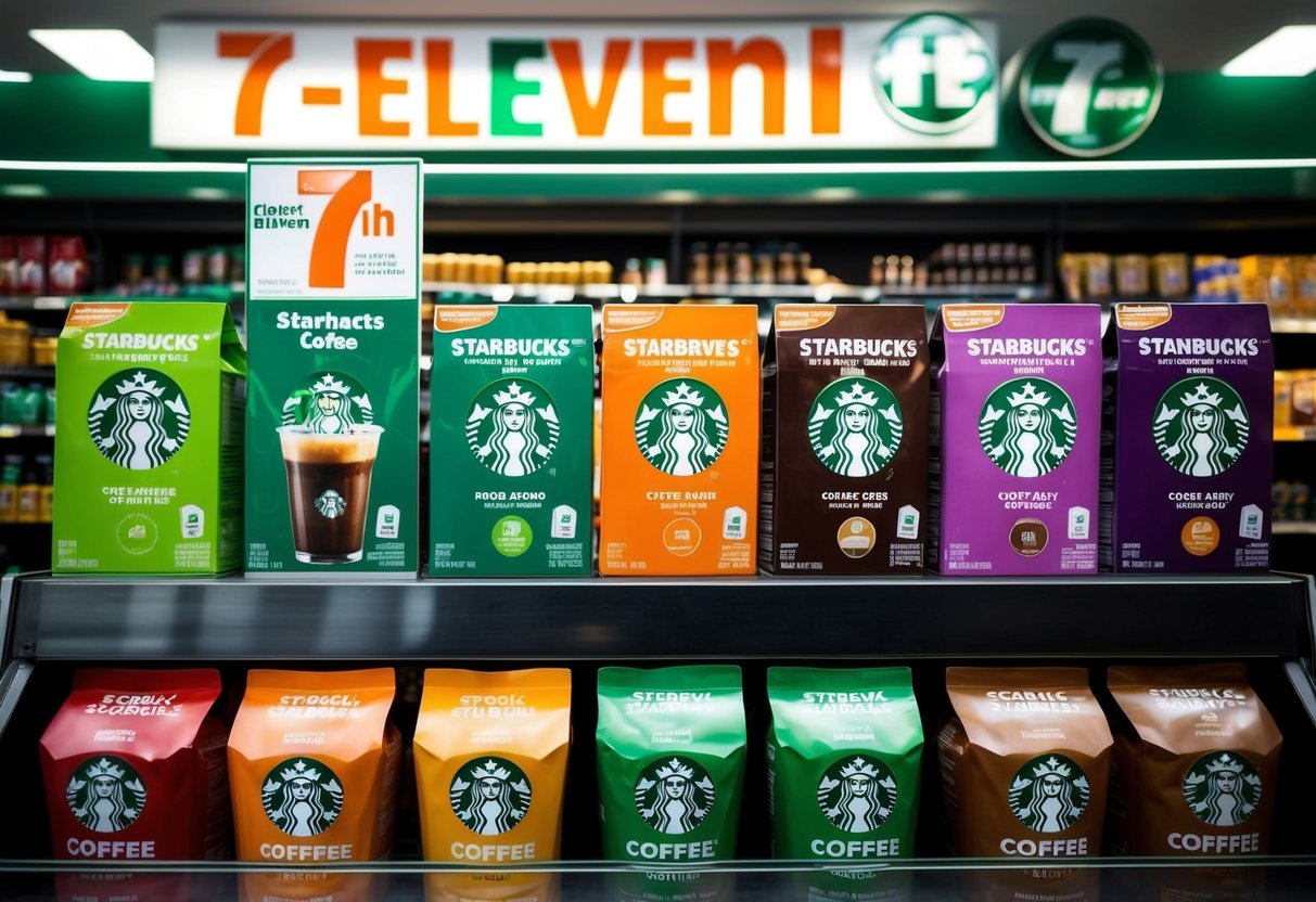 A 7-Eleven store in Singapore displays a variety of Starbucks Ready-to-Drink Coffee products on special offer, with promotional signs and banners drawing attention