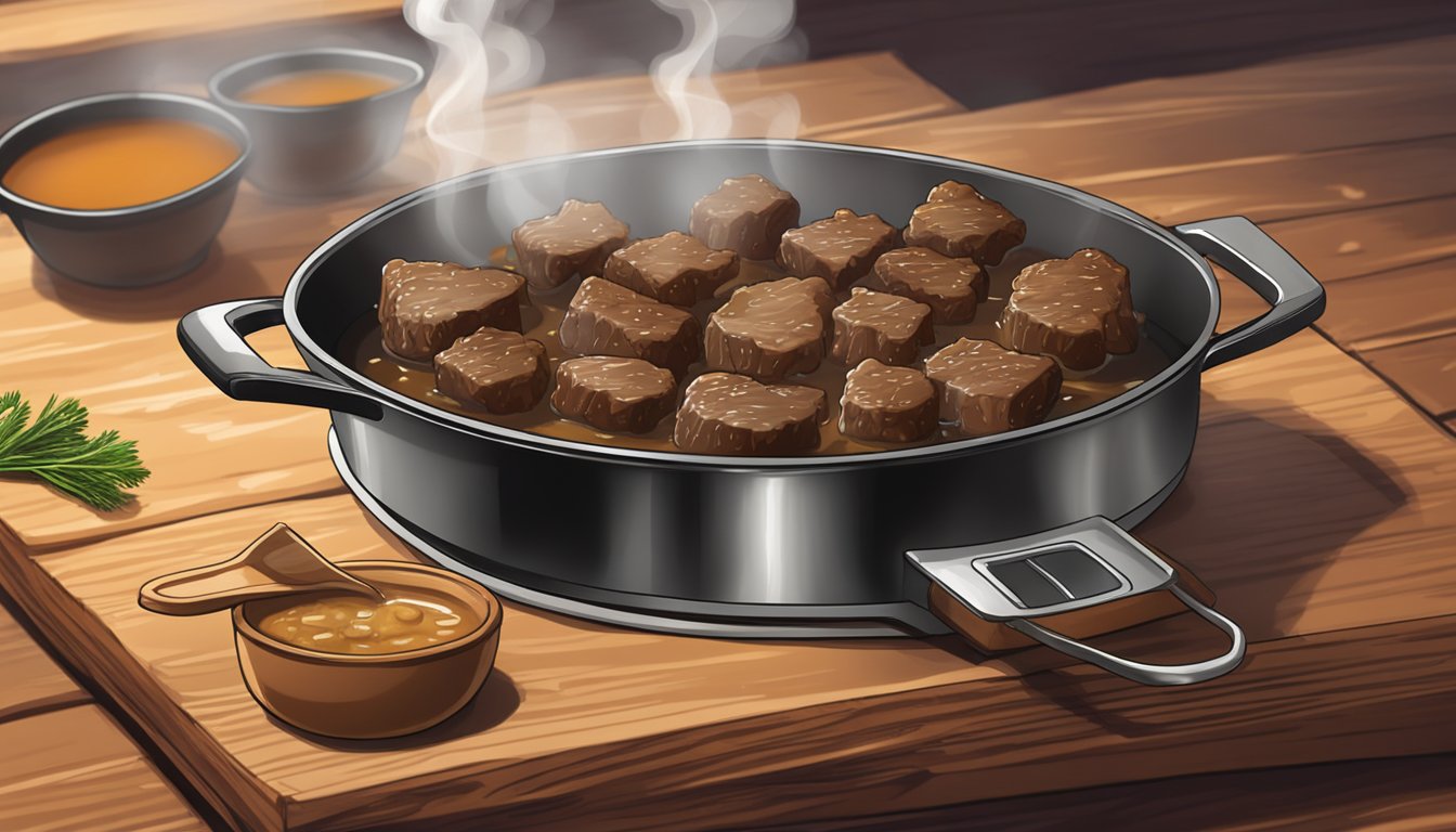 A sizzling skillet of beef and gravy bites sits on a rustic wooden table, steam rising from the tender morsels as they await consumption