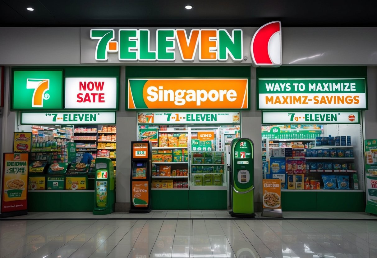 A 7-Eleven store in Singapore with various promotional signs and displays, showcasing ways to maximize savings