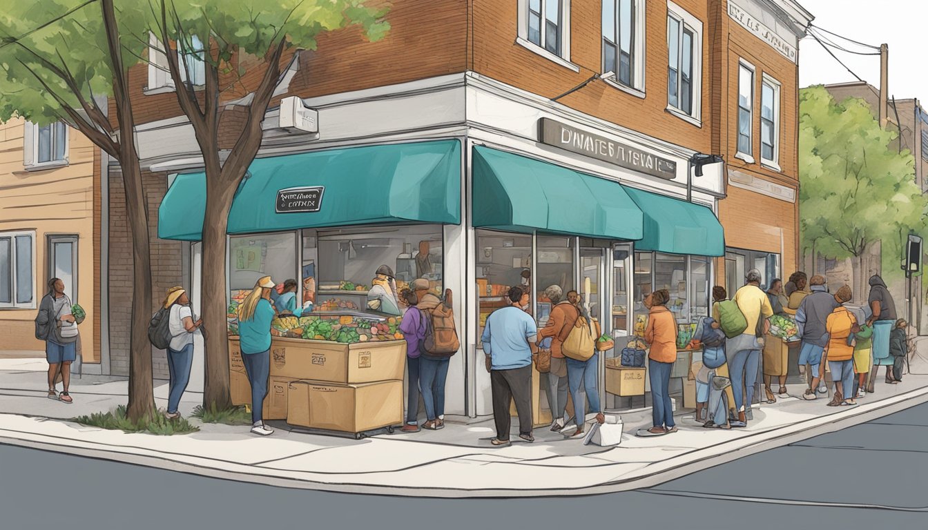 A bustling street corner in Cedar Rapids, Iowa, with a community fridge surrounded by diverse individuals accessing and donating food