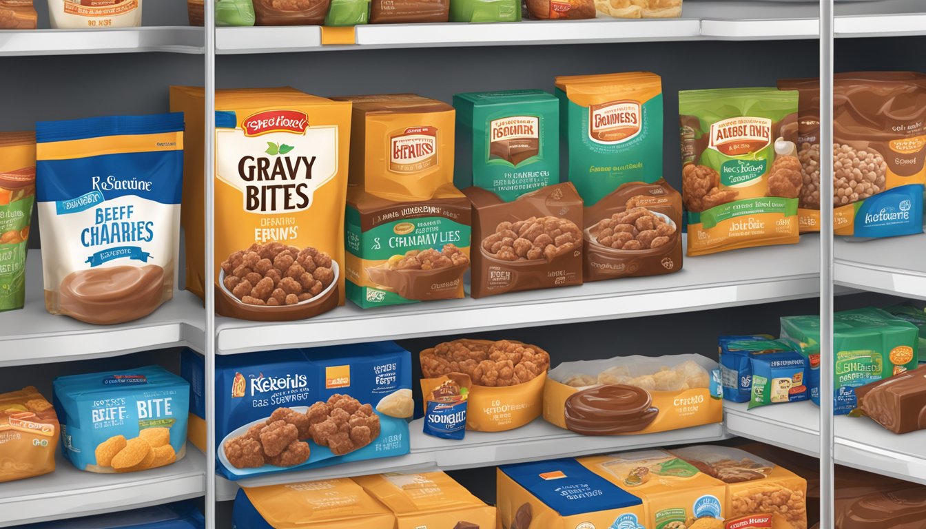 A package of beef and gravy bites sits on a shelf, surrounded by a variety of food items. The expiration date is prominently displayed on the packaging