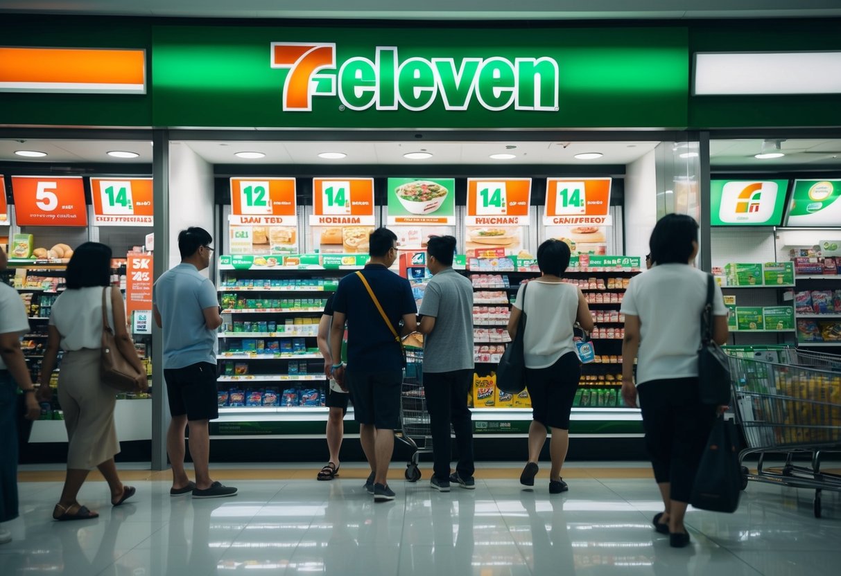 A busy 7-Eleven store in Singapore with promotional displays and customers browsing