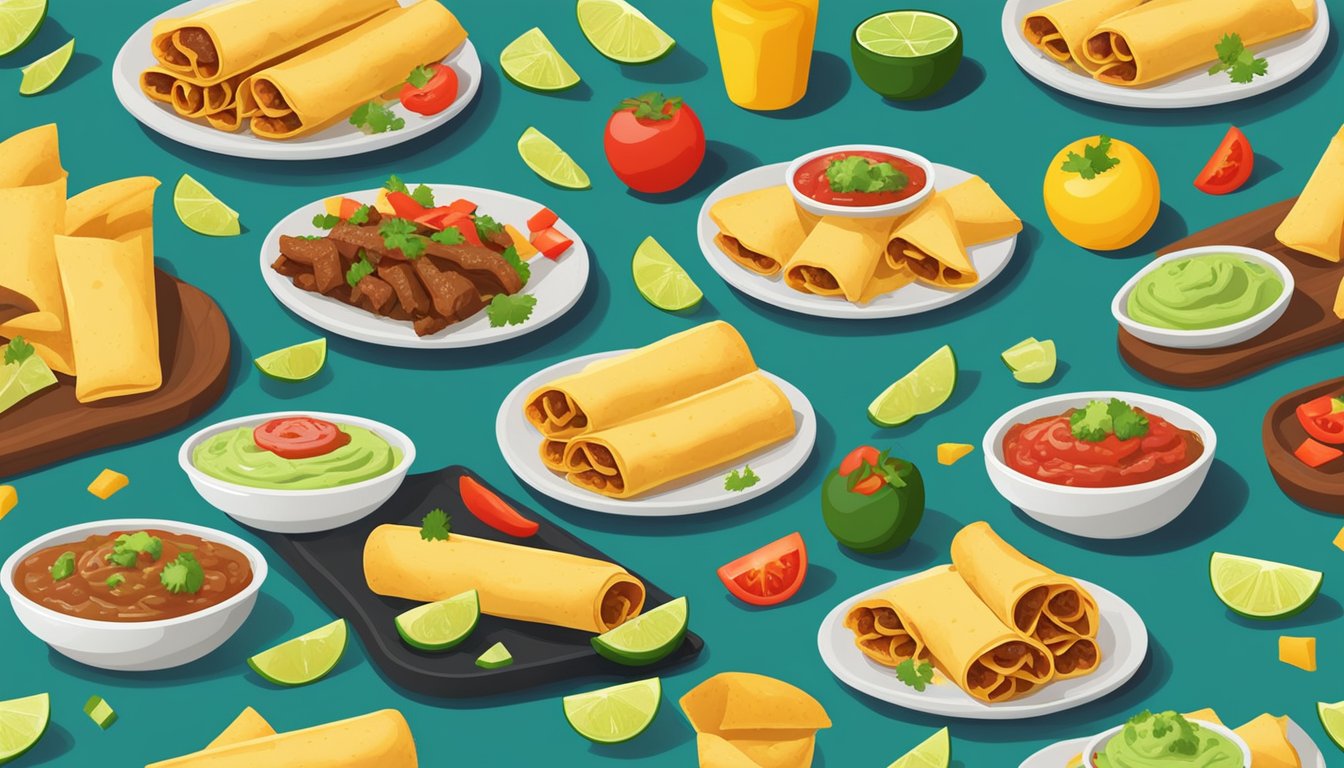 A plate of beef and cheese taquitos sits on a table, surrounded by colorful salsa and guacamole. The taquitos are freshly fried and steaming