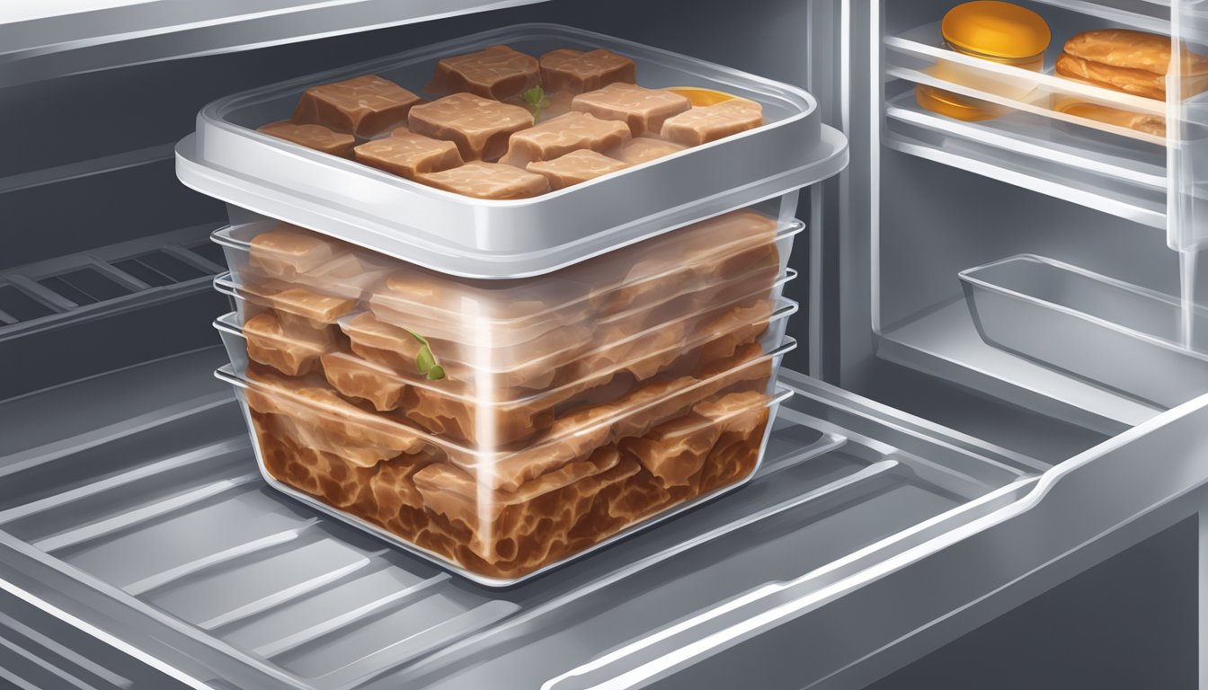 A sealed container of beef and gravy bites stored in a refrigerator