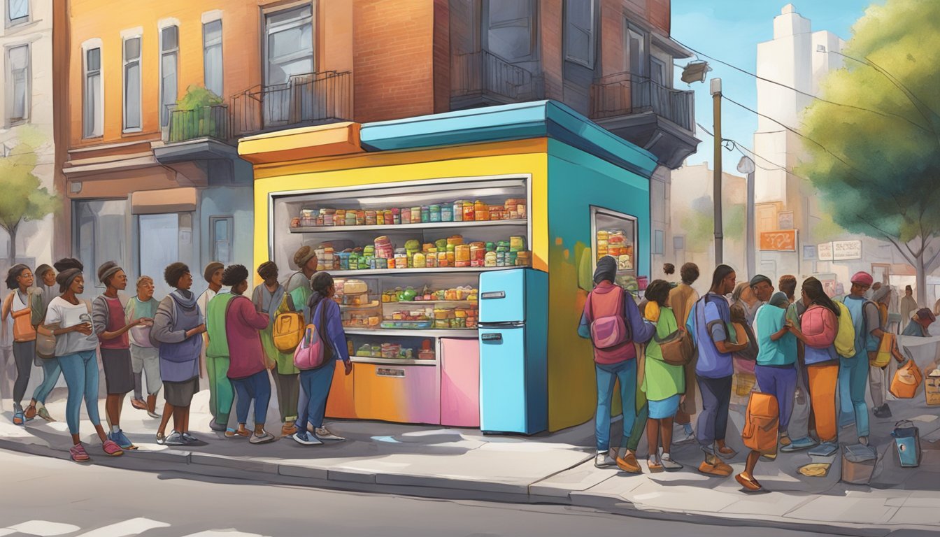 A bustling street corner with a colorful, graffiti-covered fridge surrounded by diverse individuals donating and taking food items