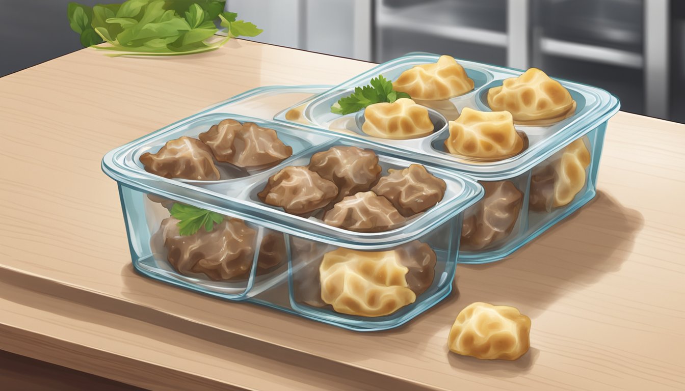 A plate of beef and dumpling bites sits on a countertop, covered with a clear lid. The bites appear fresh and appetizing, with no signs of spoilage