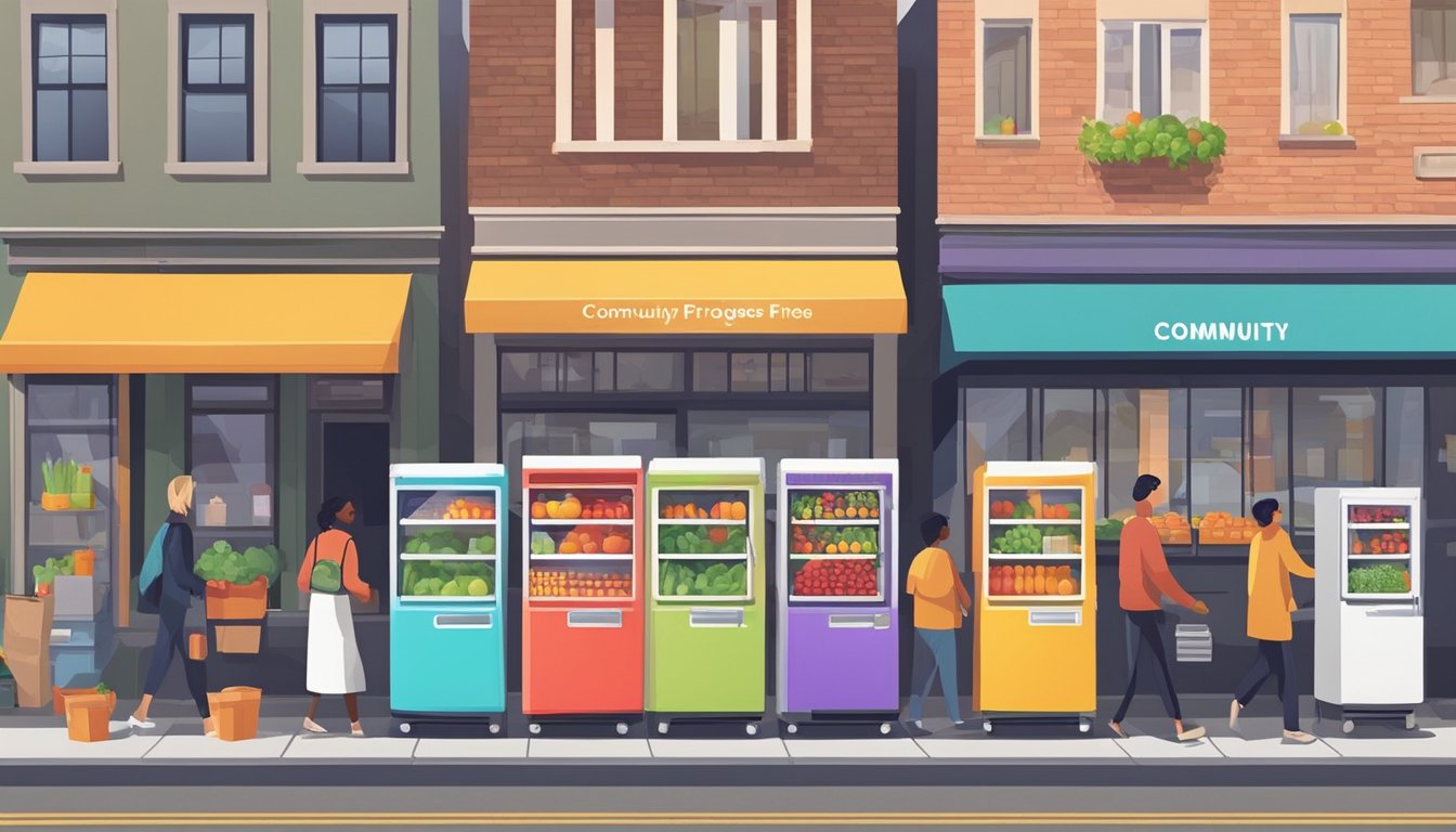 A row of colorful community fridges lined up on a city street, filled with fresh produce and packaged goods, with people stopping by to donate or take what they need