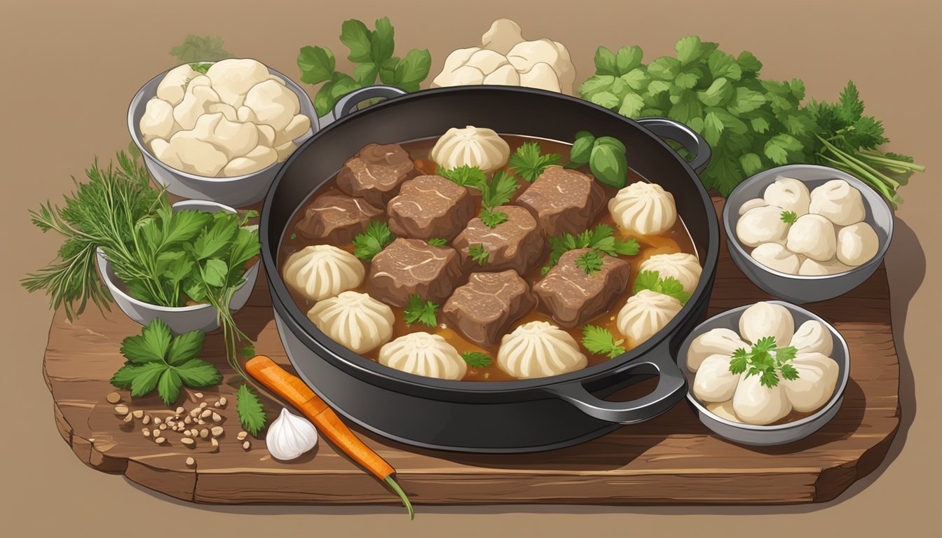 A steaming pot of beef and dumplings, surrounded by fresh herbs and spices, sits on a rustic wooden table. The aroma of savory stew fills the air